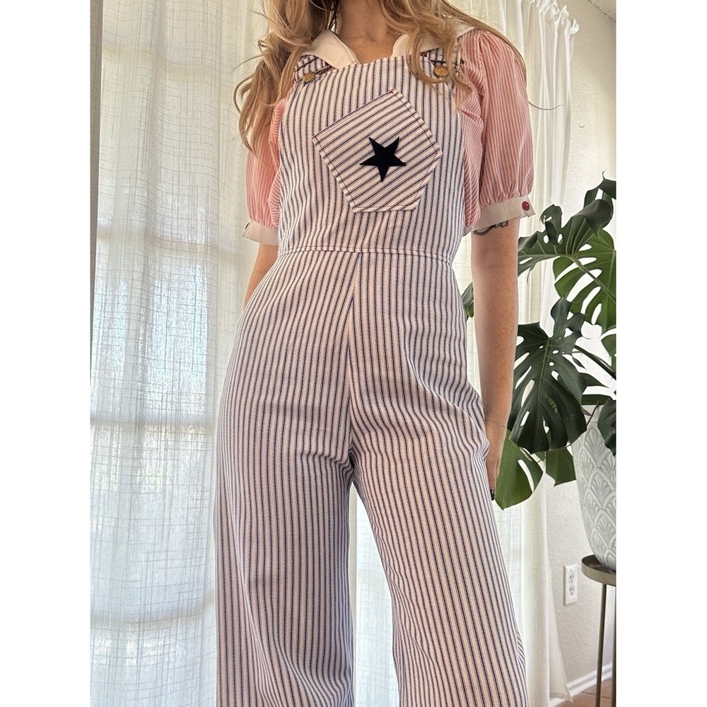 1970s Bell bottom Overalls Striped with star patch 26x31 vintage 70s - Picture 7 of 9